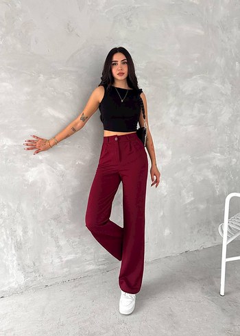 bordo çımalı palazzo Kadın Kumaş Pantolon