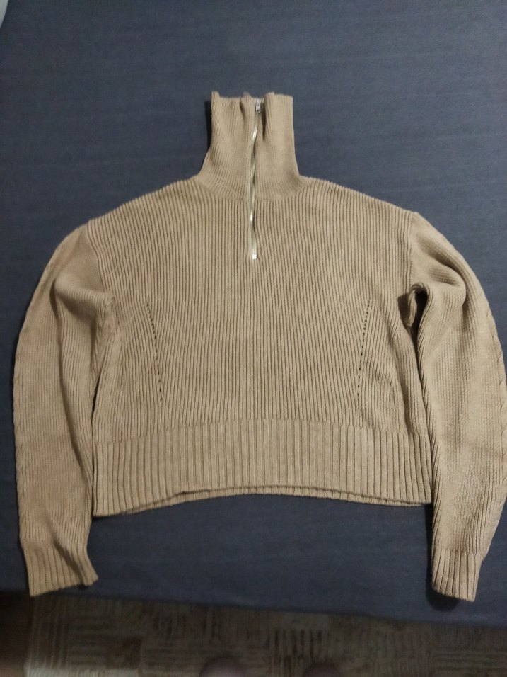 Bej Yarım Fermuarlı Yüksek Yaka Triko Kazak - Görsel 3
