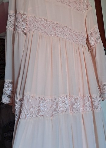 Dantel Detaylı Pembe Uzun Elbise - Görsel 5