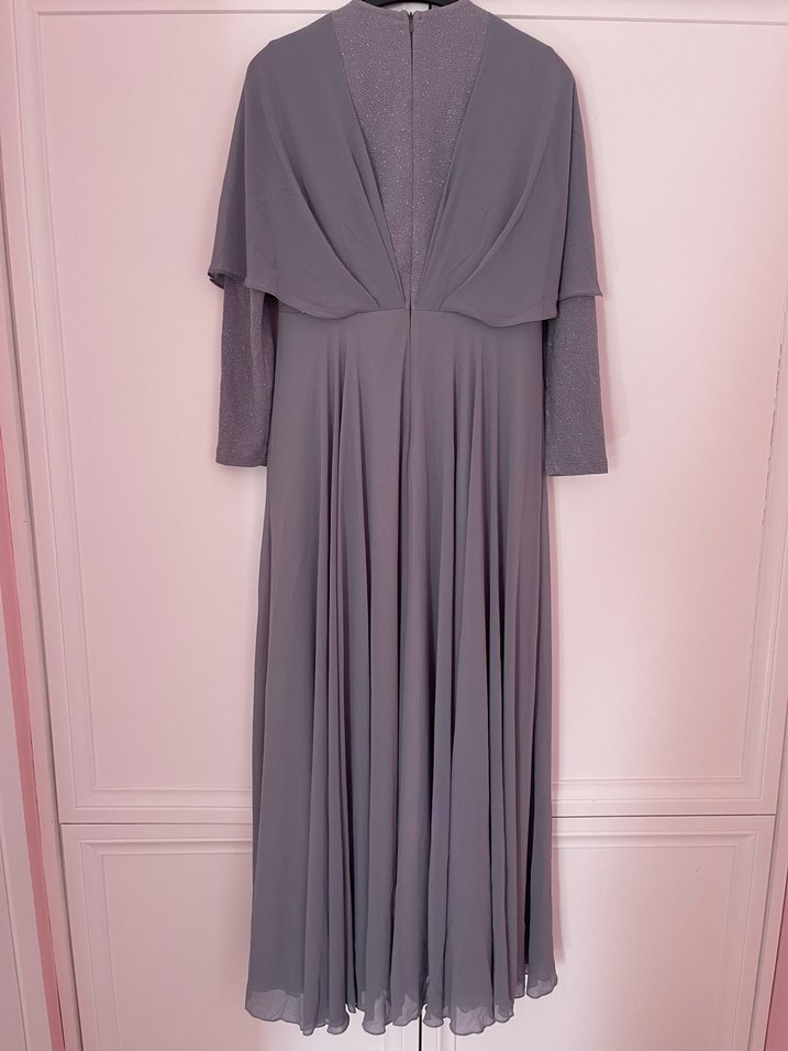 Gri Uzun Kollu Drapeli Abiye Elbise - Görsel 5