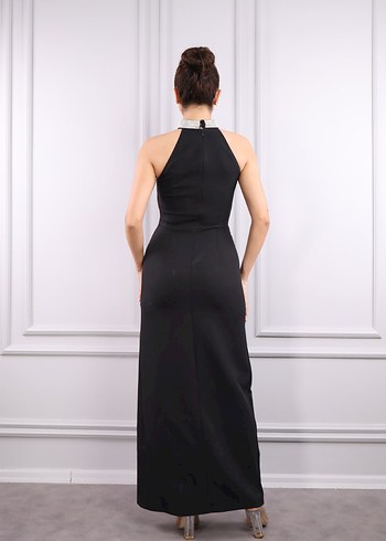 Siyah Uzun Drapeli Kadın Elbise - Görsel 3