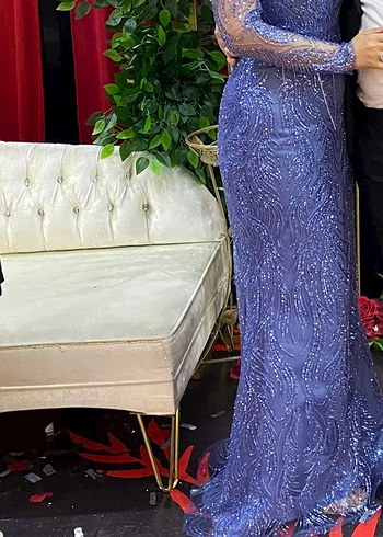 Parıltılı Mavi V Yakalı Uzun Abiye Elbise - Görsel 5