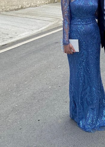 Parıltılı Mavi V Yakalı Uzun Abiye Elbise - Görsel 3