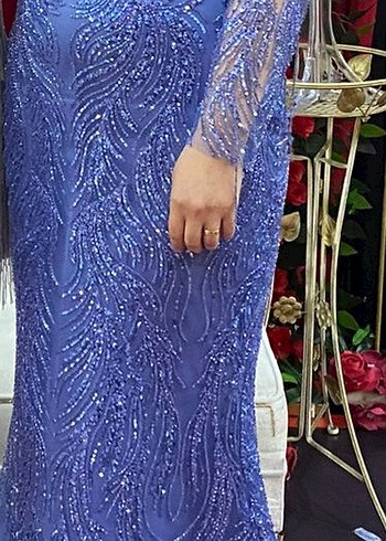 Parıltılı Mavi V Yakalı Uzun Abiye Elbise - Görsel 6