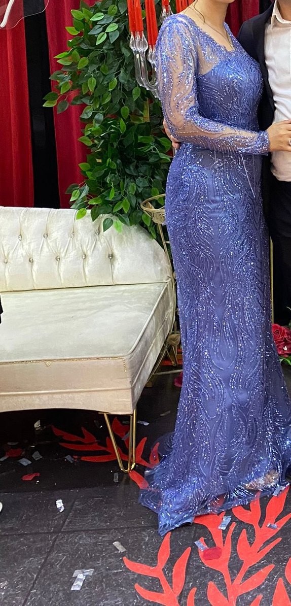 Parıltılı Mavi V Yakalı Uzun Abiye Elbise - Görsel 5