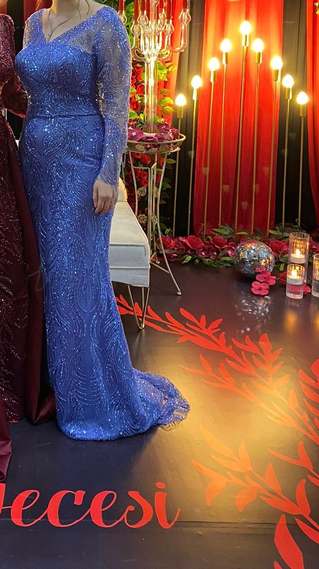 Parıltılı Mavi V Yakalı Uzun Abiye Elbise - Görsel 2