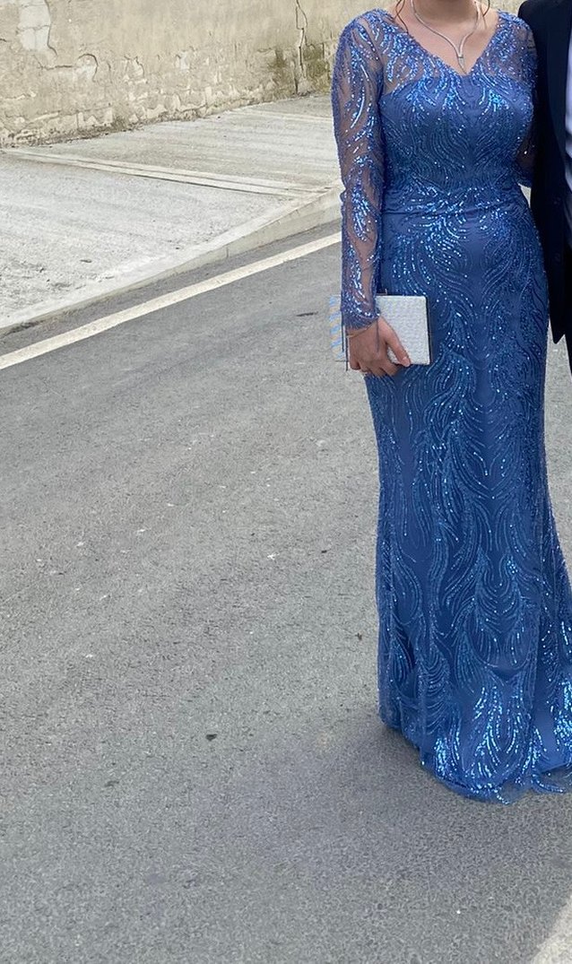 Parıltılı Mavi V Yakalı Uzun Abiye Elbise - Görsel 3
