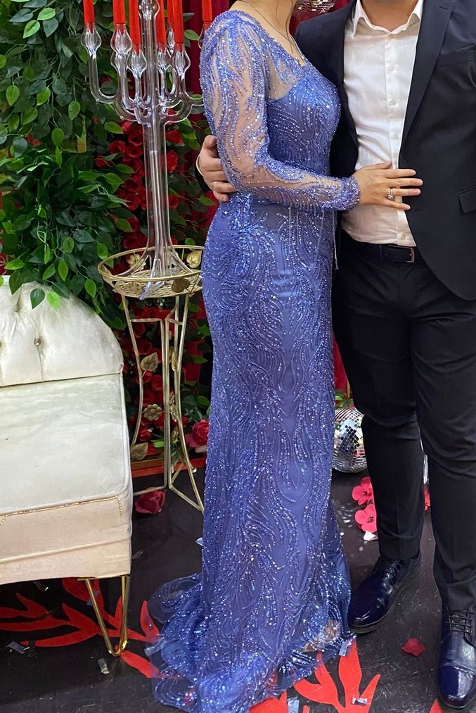 Parıltılı Mavi V Yakalı Uzun Abiye Elbise - Görsel 4