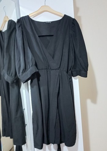 Siyah V Yaka Midi Keten Elbise