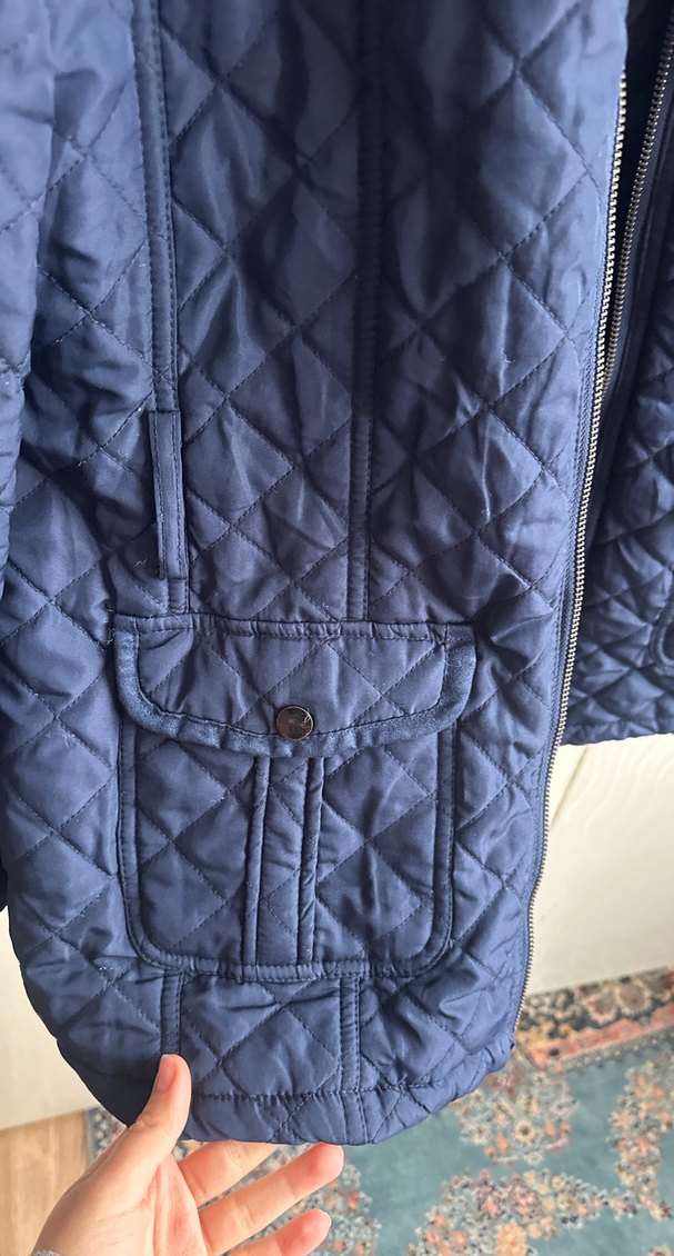 Düğmeli Koyu Mavi Kadın Mont - Görsel 4