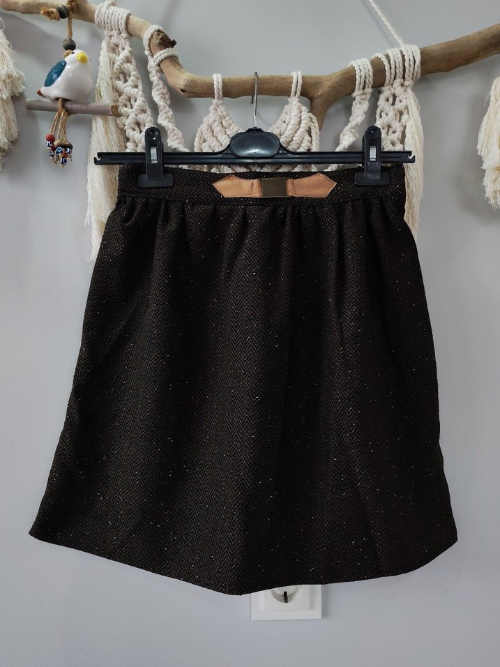 Kemer Detaylı Kahverengi Mini Yün Etek - Görsel 2