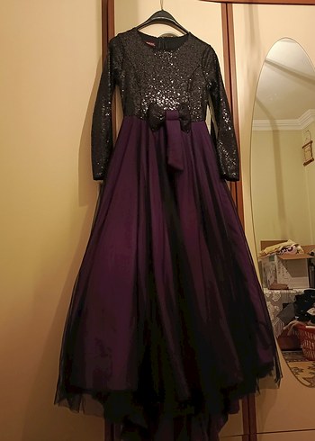 40 Beden Uzun Kollu Mor Gotik Abiye Elbise