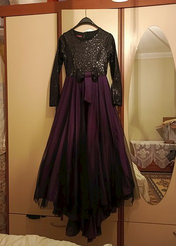 Uzun Kollu Mor Gotik Abiye Elbise