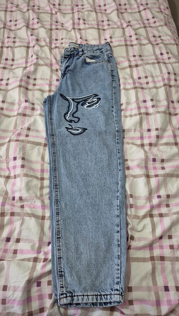 Mavi Baskılı Bol Kesim Kadın Kot Pantolon - Görsel 5