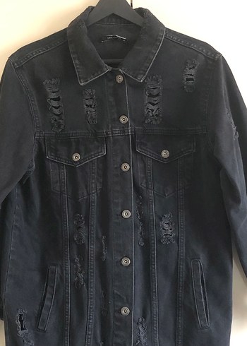 38 Beden Düğmeli Siyah Uzun Kesim Denim Ceket