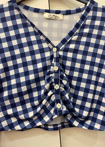 Mavi Kareli Düğmeli Mini Bluz - Görsel 4