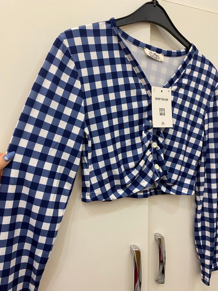 Mavi Kareli Düğmeli Mini Bluz - Görsel 2