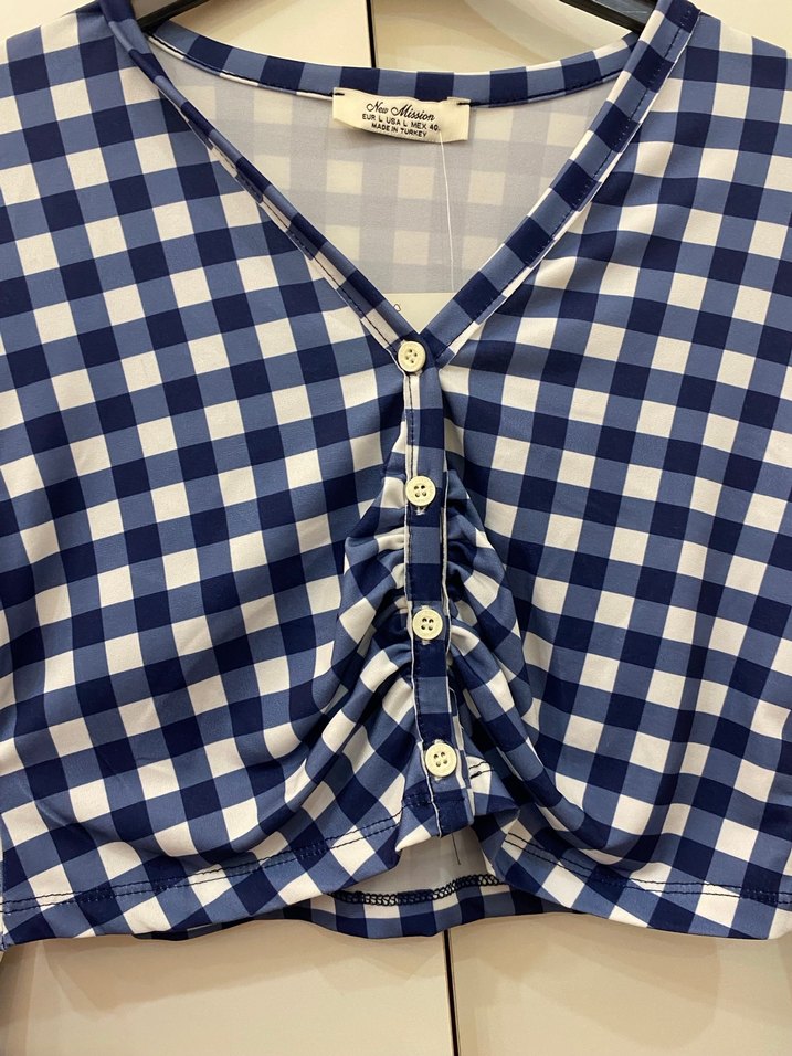 Mavi Kareli Düğmeli Mini Bluz - Görsel 4