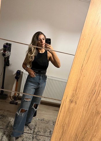 Kadın Mavi Bol Paça Yırtık Denim Jean - Görsel 5