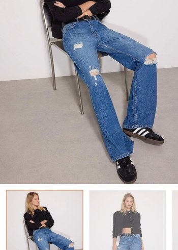 Kadın Mavi Bol Paça Yırtık Denim Jean - Görsel 2