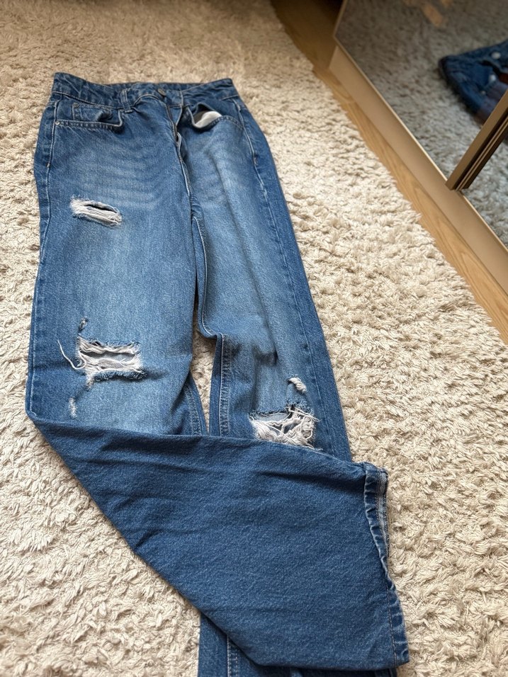 Kadın Mavi Bol Paça Yırtık Denim Jean - Görsel 3