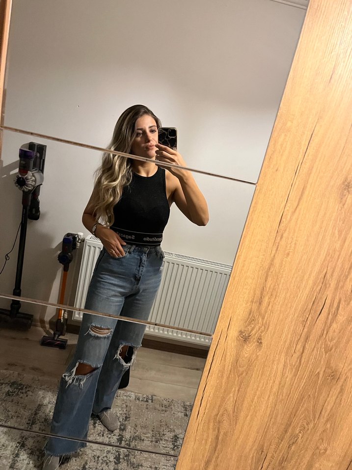 Kadın Mavi Bol Paça Yırtık Denim Jean - Görsel 5