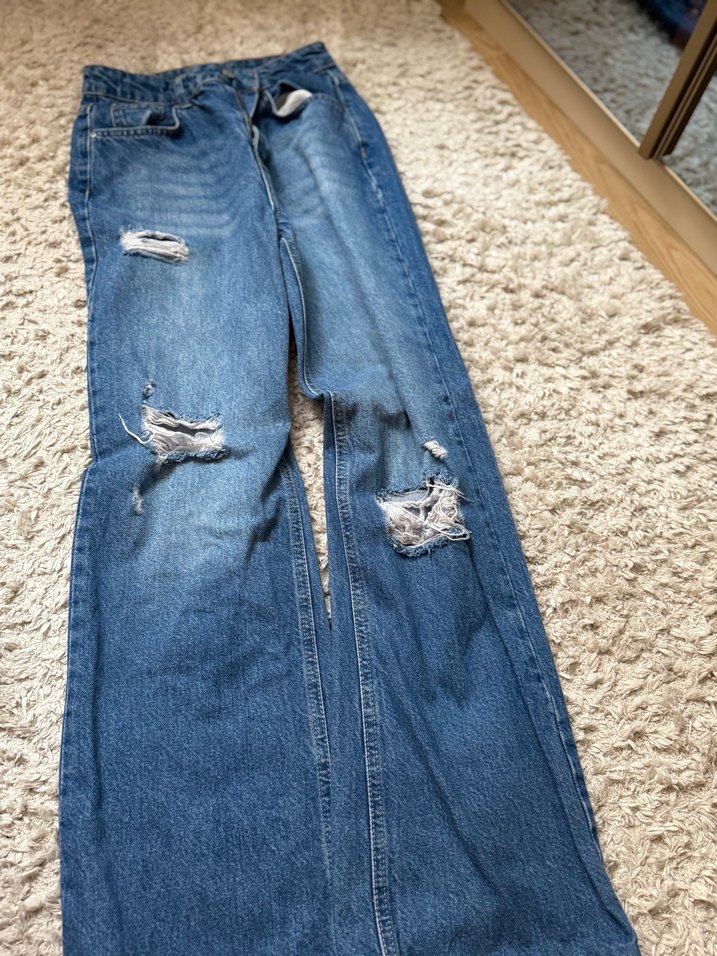 Kadın Mavi Bol Paça Yırtık Denim Jean - Görsel 4