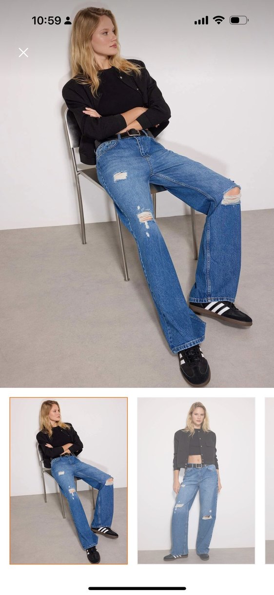 Kadın Mavi Bol Paça Yırtık Denim Jean - Görsel 2