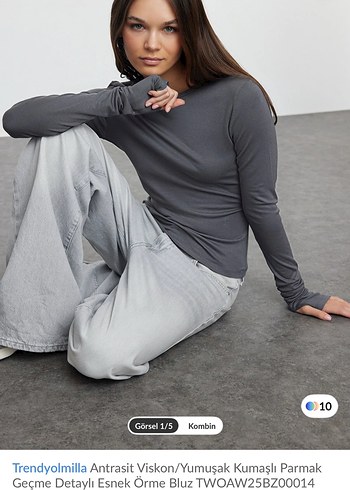 Trendyolmilla Antrasit Viskon Esnek Örme Bluz - Görsel 4