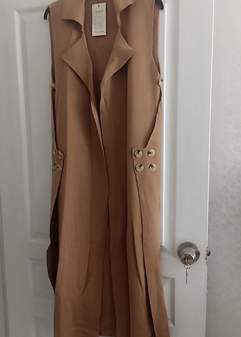 Bej Düğmeli Uzun Kadın Yelek - Görsel 2