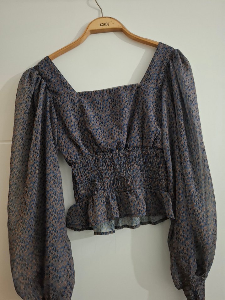 Gri Bohem Uzun Kollu Mini Bluz - Görsel 3