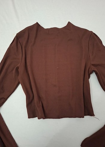 Kahverengi Kadın Pilili Uzun Kollu Crop Top - Görsel 3
