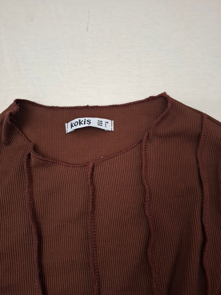 Kahverengi Kadın Pilili Uzun Kollu Crop Top - Görsel 2