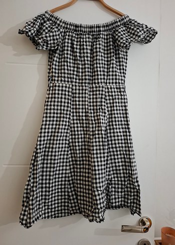 Düğmeli Siyah Beyaz Kareli Midi Elbise - Görsel 4