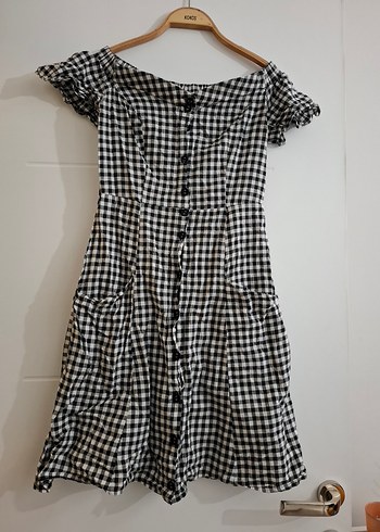 Düğmeli Siyah Beyaz Kareli Midi Elbise - Görsel 2