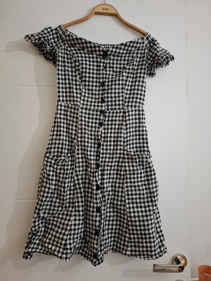 Düğmeli Siyah Beyaz Kareli Midi Elbise - Görsel 2