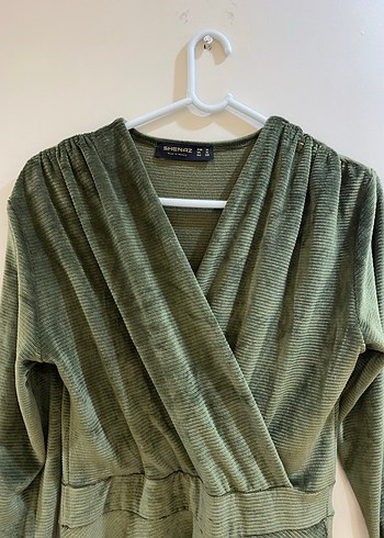 Kadın Haki Süet Uzun Elbise V-Yaka - Görsel 2