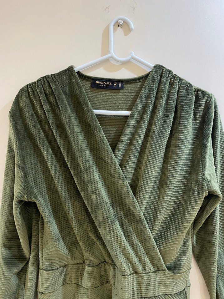 Kadın Haki Süet Uzun Elbise V-Yaka - Görsel 2