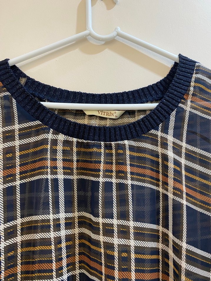 Kadın Ekose Desenli Salaş Bluz transparan - Görsel 3