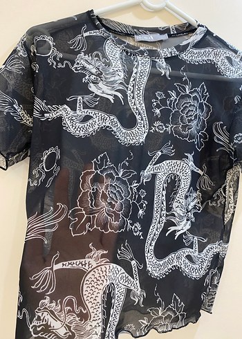 Yılan Desenli Siyah Transparan Kadın Tişört - Görsel 2