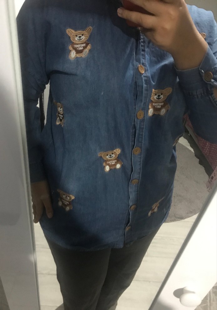 Düğmeli Nakışlı Uzun Kollu Denim Kadın Gömlek - Görsel 4