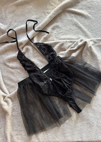 m Beden Koyu Siyah Nakışlı Mini Gotik Babydoll