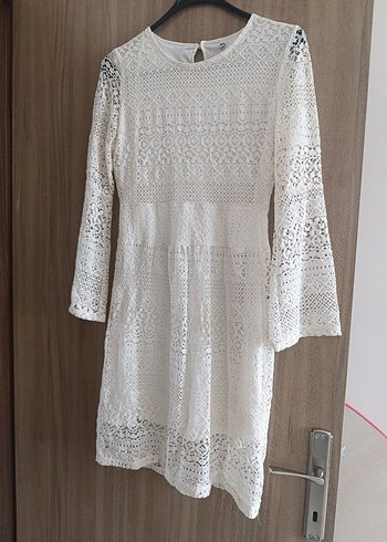 Dantel Detaylı ekru Bohem Midi Triko Elbise