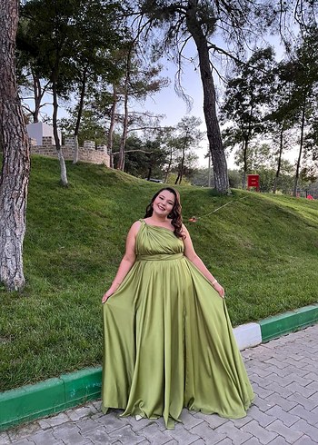 Kayık Yaka Drapeli Uzun Haki Kadın Elbise