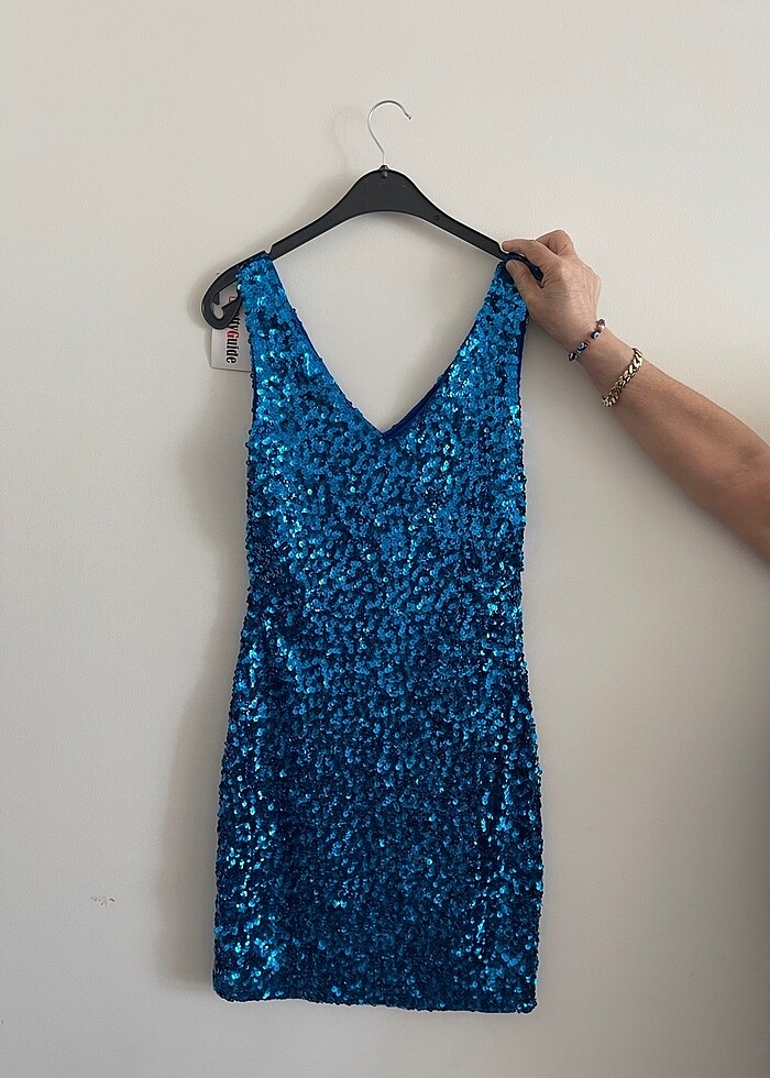 Payetli, saks mavisi abiye- parti elbisesi - Görsel 2