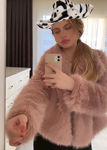 Pembe Suni Kürk Midi Boy Salaş Ceket