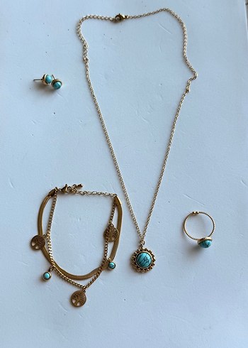 Paslanmaz Çelik turkuaz küpe kolye yüzük bileklik seti - Görsel 6