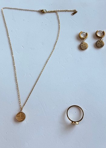 Paslanmaz çelik Çin tarzı kolye küpe yüzük seti - Görsel 6