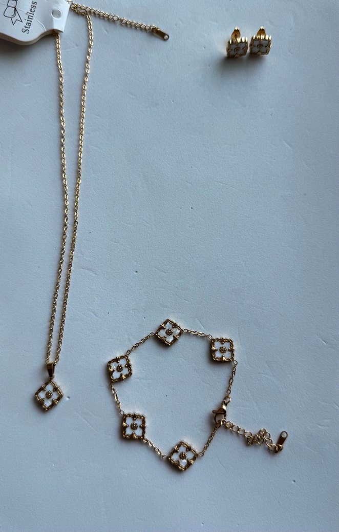 Paslanmaz çelik yapraklı gonca bileklik kolye seti - Görsel 2