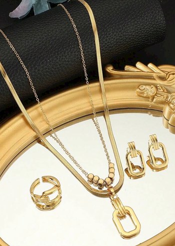 Paslanmaz çelik yılan zincir kolye küpe yüzük seti - Görsel 3